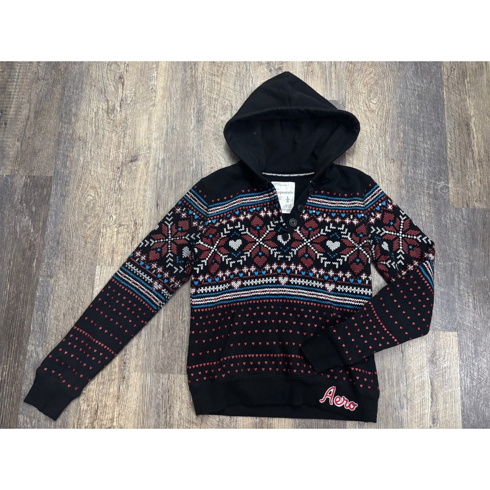 Aeropostale Womens Fair Isle Heart Hoodie Blackβ Red Henley Pullover Large